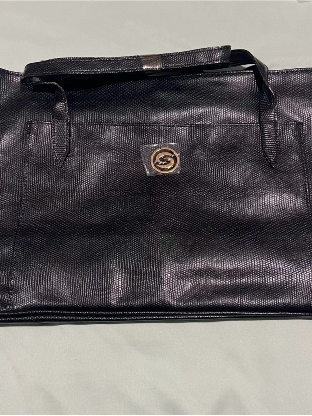 Black Lizard-Embossed Tote Bag with Gold-Tone Emblem